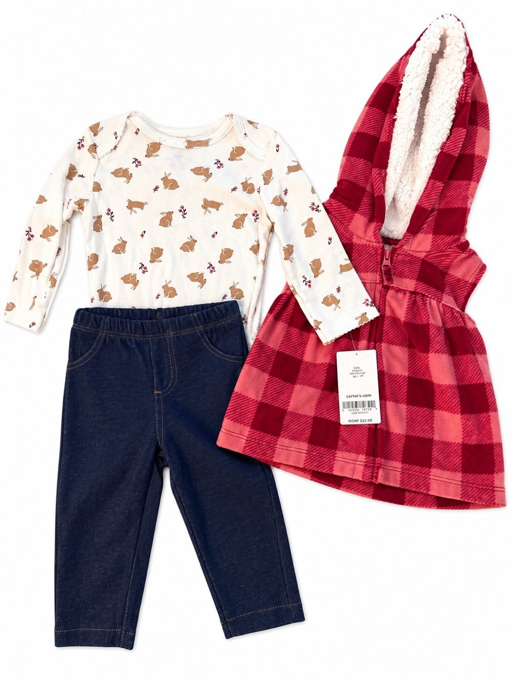 Carter's Red Plaid Hooded Dress with Cream Bunny Bodysuit & Navy Leggings
